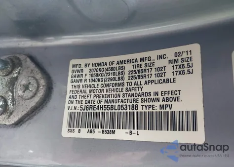 2011 Honda Cr-V Ex из США, поврежденный, VIN 5J6RE4H55BL053188